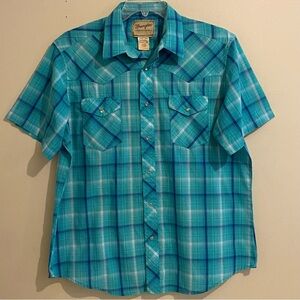 Wrangler Shirt Men's Size XL Western Plaid Pearl Snaps Short Sleeve Teal